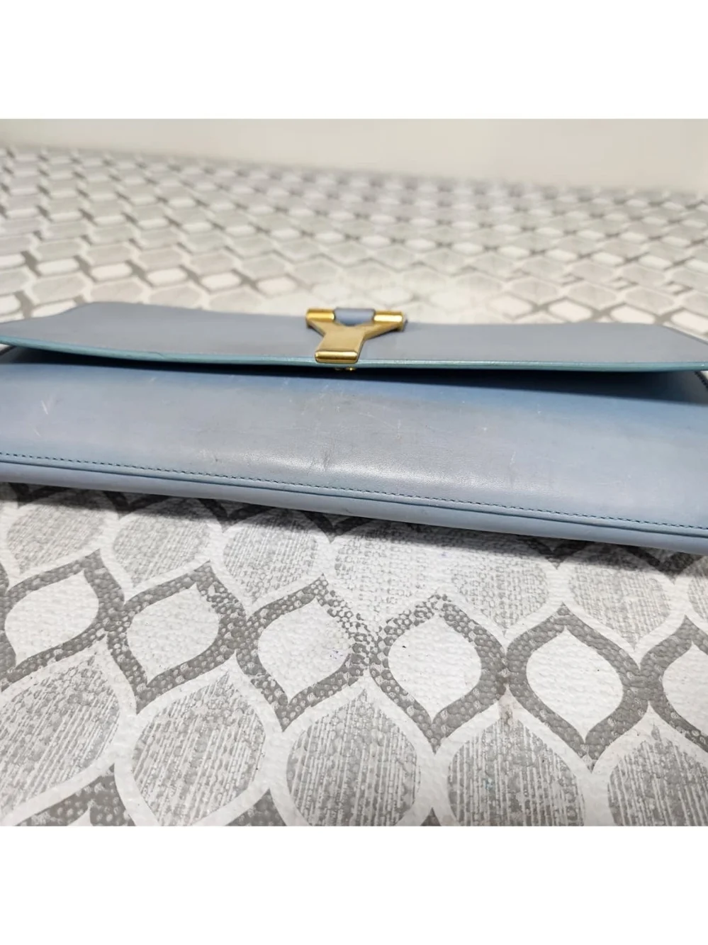 YVES SAINT LAURENT Calfskin Leather Ligne Y Clutch Bag Blue